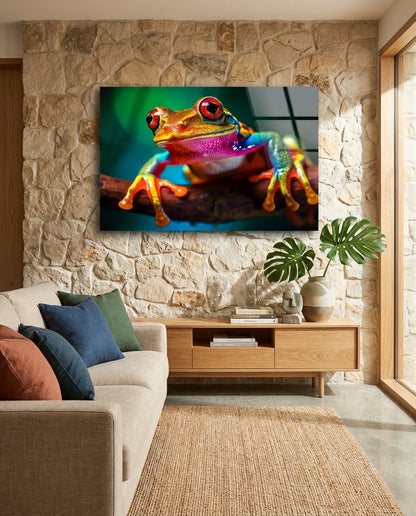 Tree frog glass wall art on a stone wall above a wooden console beside a beige sofa and jute rug
