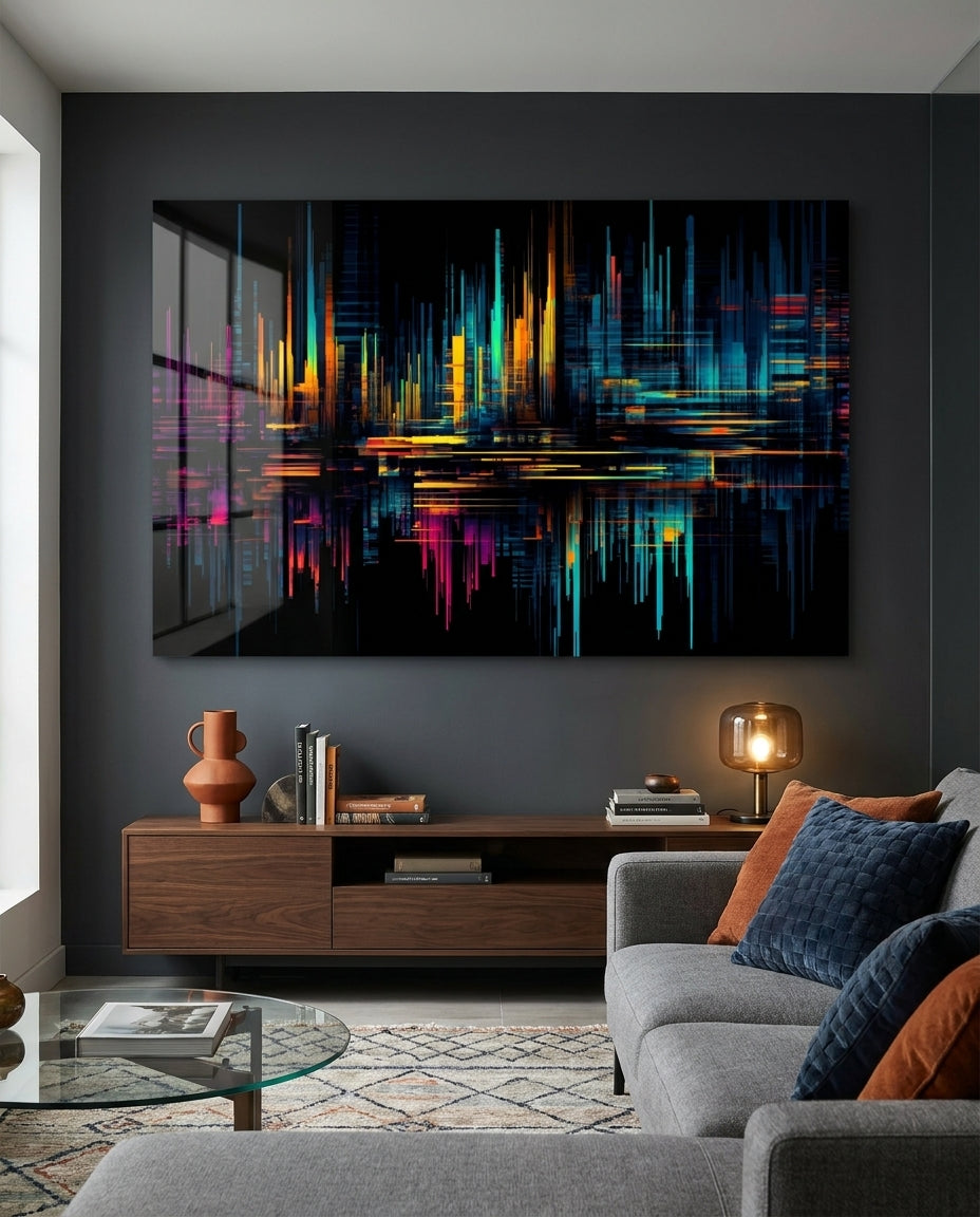 Neon light streak glass wall art above a walnut media console beside a gray sofa with blue and rust cushions