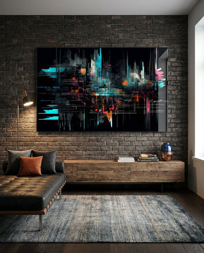Neon glitch stick abstract glass wall art above a leather daybed on a dark brick wall beside a wooden console