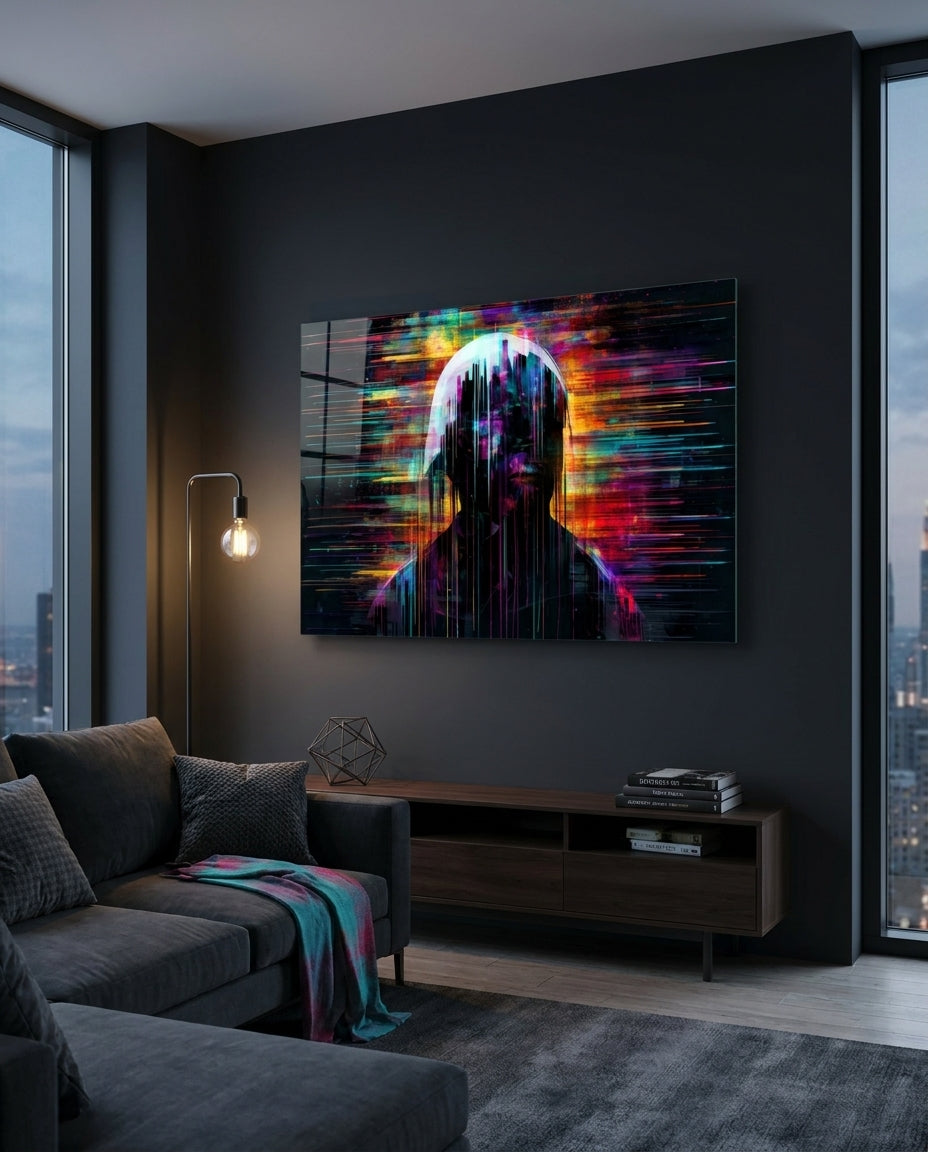 Glitch rainbow silhouette glass wall art above a dark sideboard in a gray living room by a city window