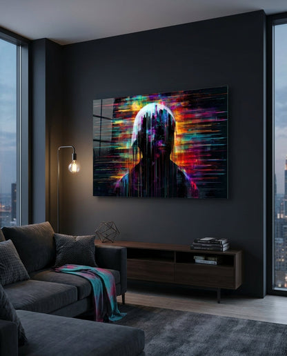 Glitch rainbow silhouette glass wall art above a dark sideboard in a gray living room by a city window
