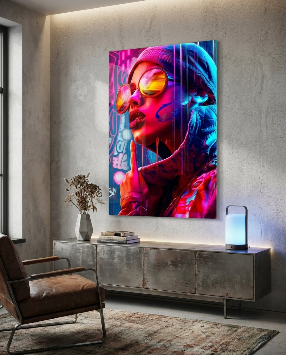 Neon pop art woman glass wall art above a concrete sideboard with a lantern on a gray wall