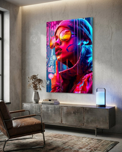Neon pop art woman glass wall art above a concrete sideboard with a lantern on a gray wall