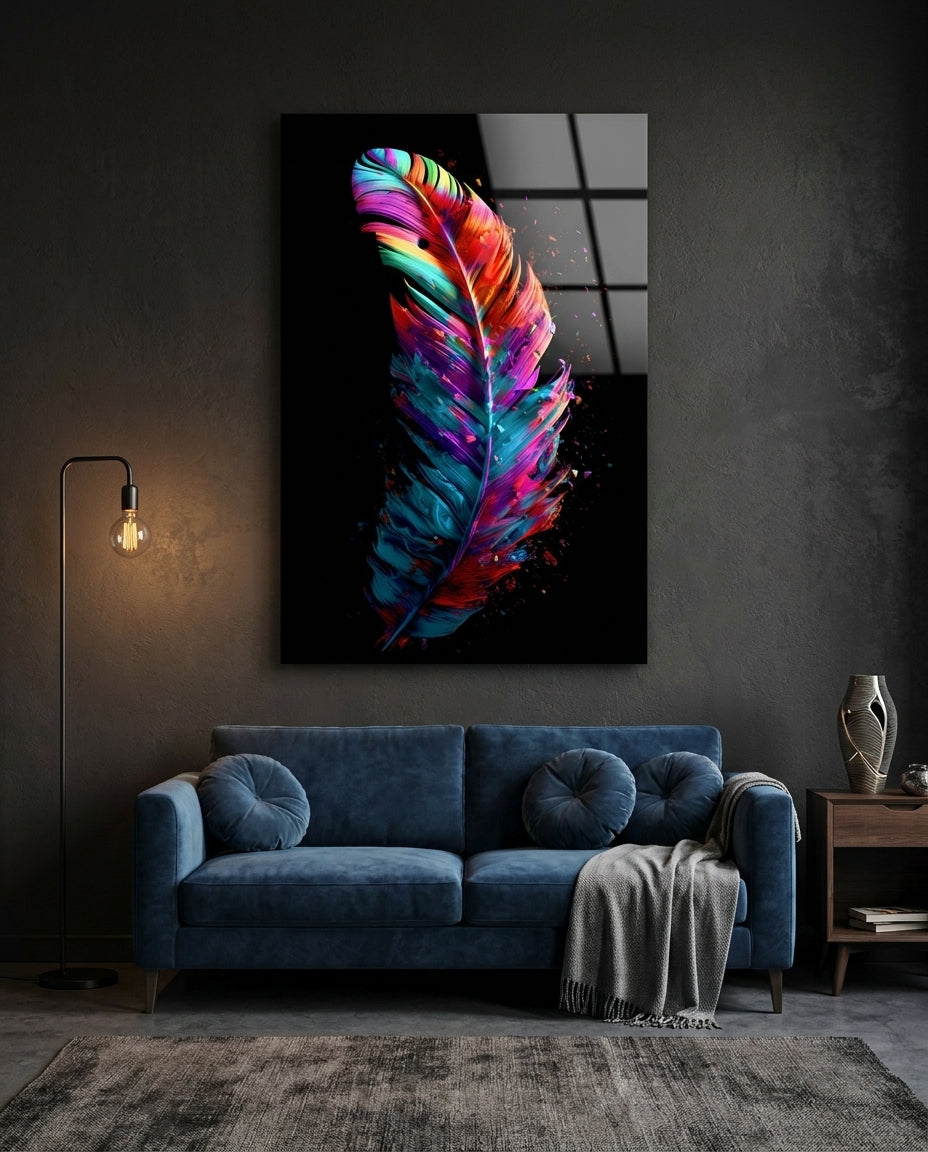 Rainbow iridescent feather glass wall art above a navy sofa on a dark gray wall beside a floor lamp