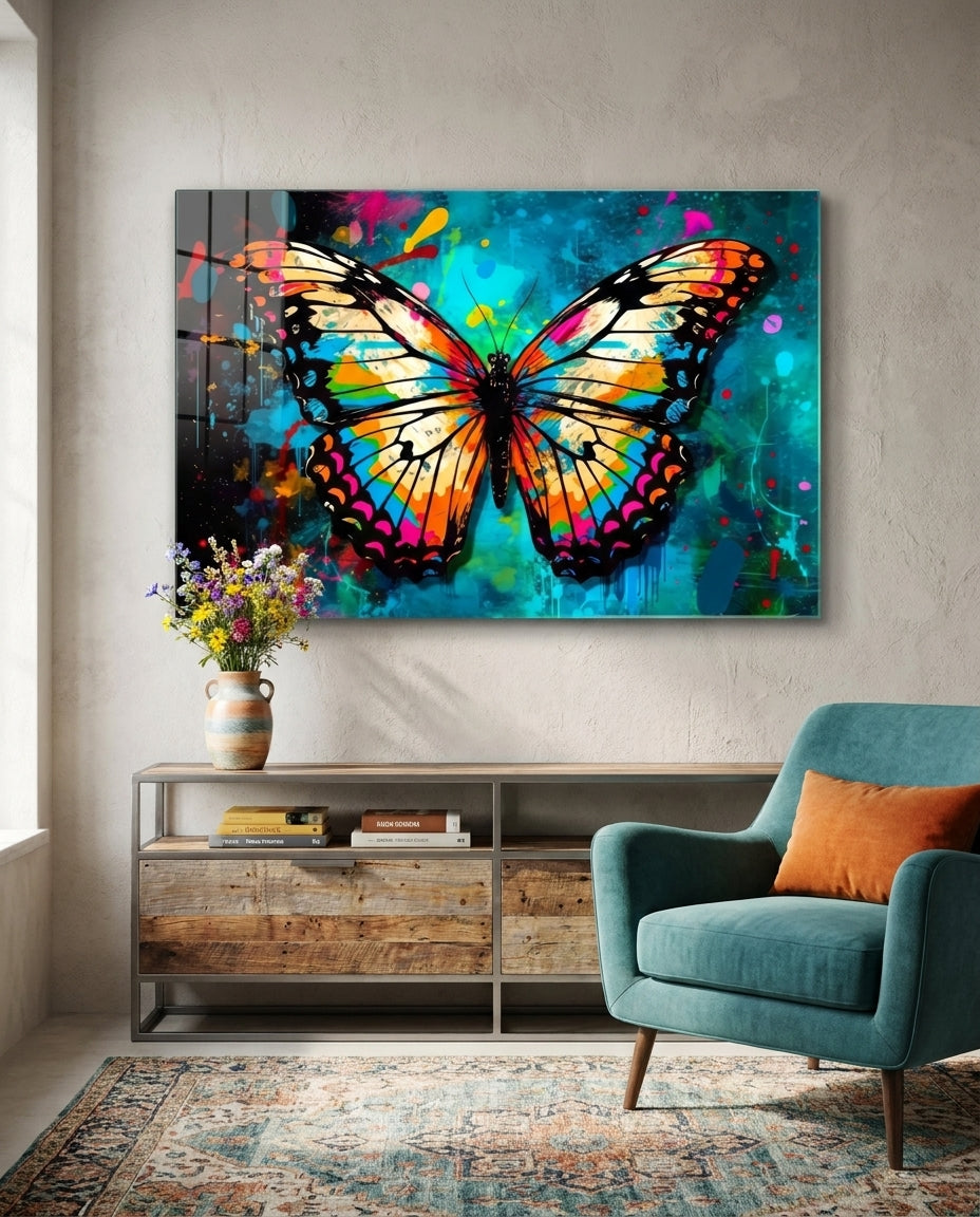 Colorful splatter butterfly glass wall art above a rustic wood sideboard beside a teal armchair and a vase of flowers