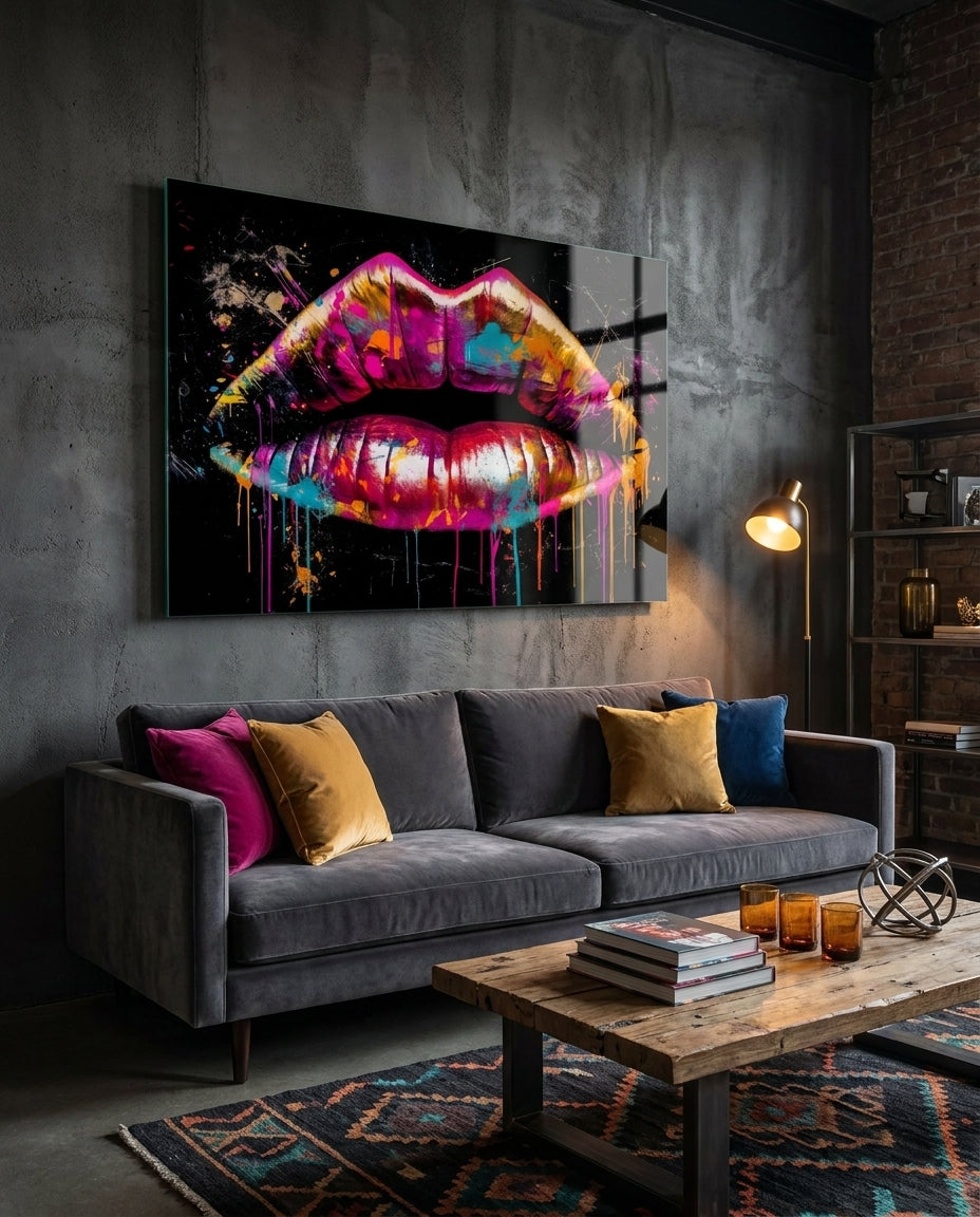 Colorful paint drip lips glass wall art on a dark wall above a gray sofa and a rustic coffee table with books