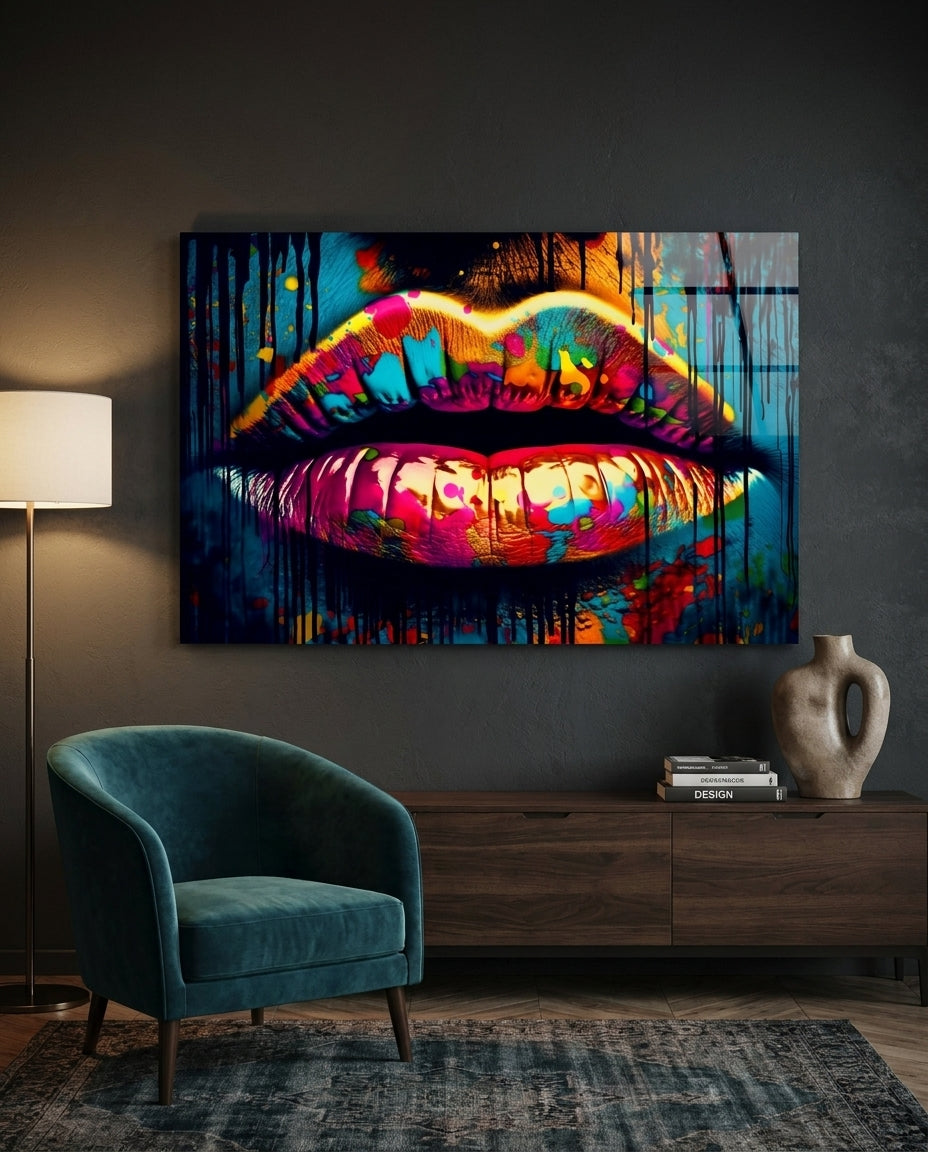 Rainbow paint drip lips glass wall art above a wood sideboard beside a teal armchair and floor lamp