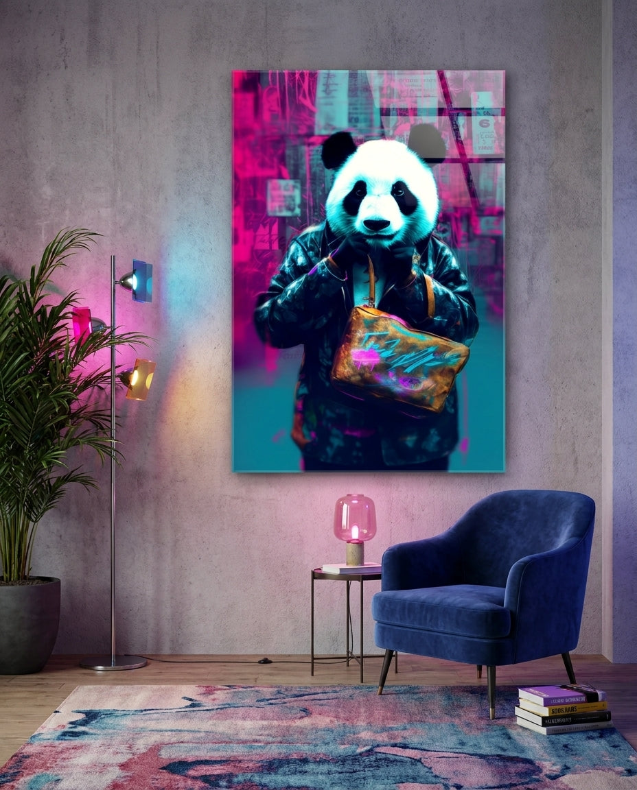 Panda in a black jacket glass wall art on a pink-lit wall beside a navy velvet armchair and a pink lamp
