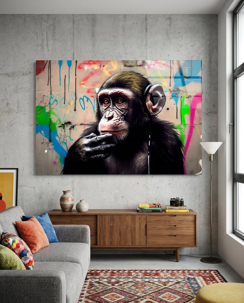 Thinking chimpanzee with headphones glass wall art on a concrete wall above a wooden sideboard and patterned rug
