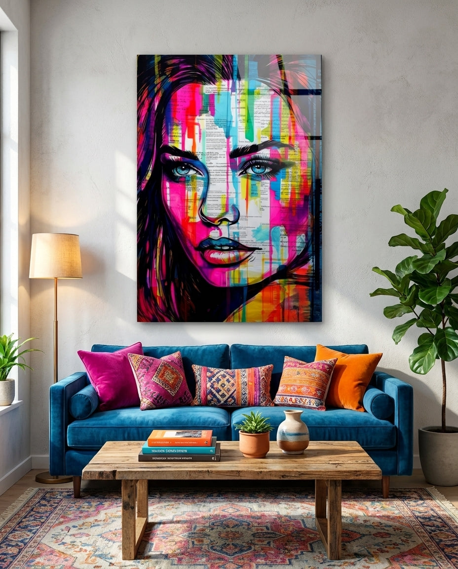 Newsprint drip woman glass wall art above a blue velvet sofa with orange and pink cushions and a floor lamp