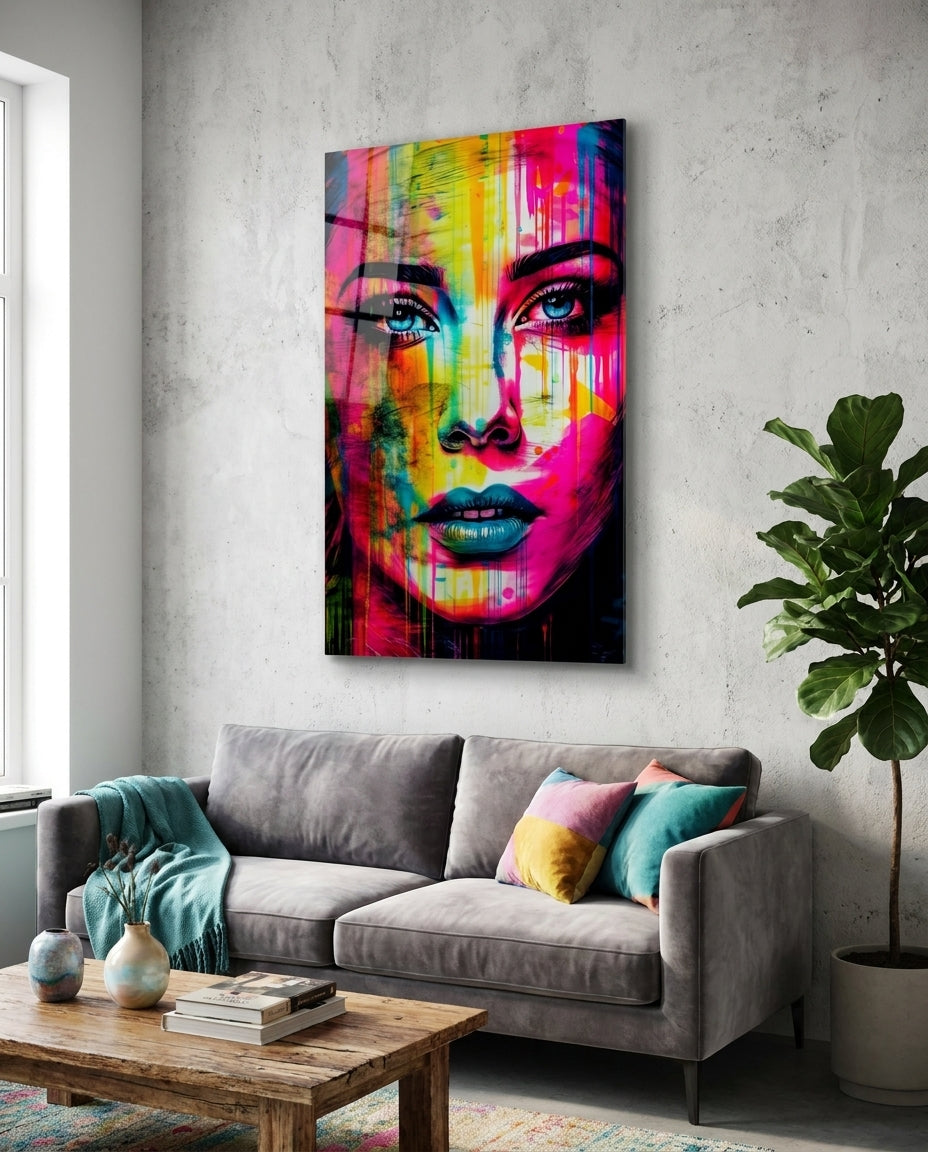 Neon drip portrait woman glass wall art above a gray sofa and a wooden coffee table beside a large potted plant
