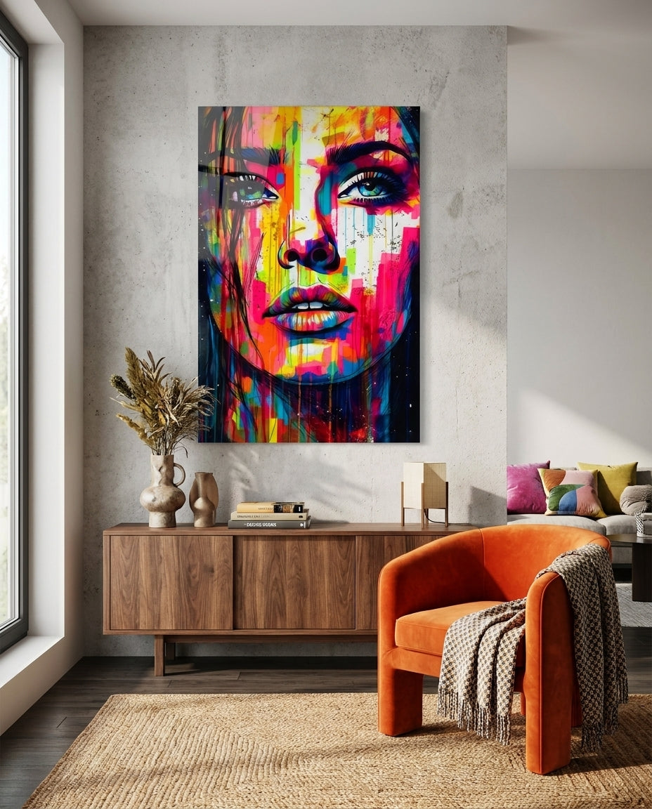Rainbow paint drip woman face glass wall art on a concrete wall beside an orange armchair and jute rug