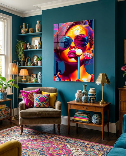 Pop art woman with lollipop glass wall art on a teal wall above an olive armchair and a side table with books