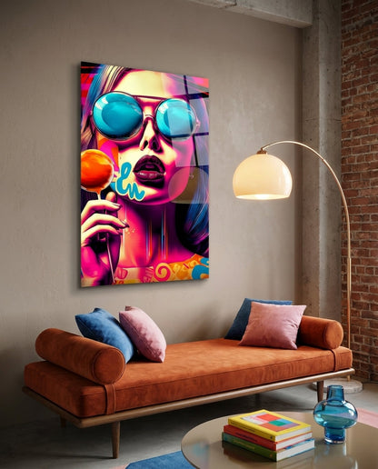 Pop art woman with lollipop glass wall art above a rust velvet daybed beside an arc floor lamp and a brick wall