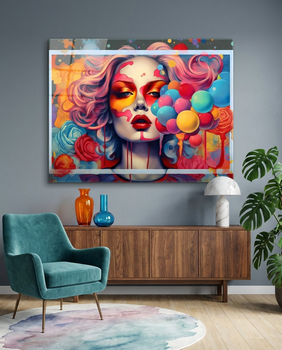 Pink-haired woman with balloons glass wall art above a walnut sideboard beside a teal armchair