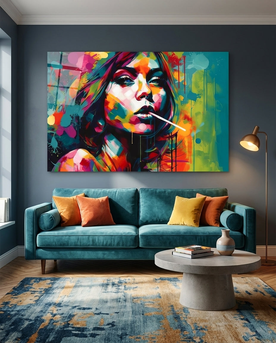 Colorful pop art woman glass wall art above a teal sofa with orange pillows