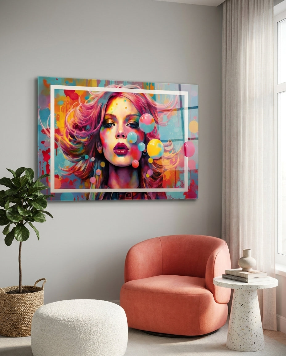 Pink-haired woman with bubbles glass wall art in a light room beside a coral armchair and terrazzo side table