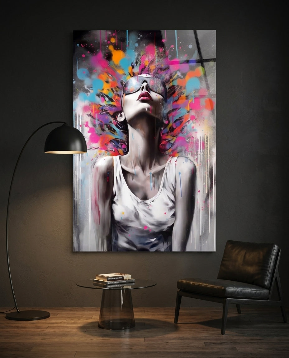 Woman in sunglasses paint burst glass wall art on a charcoal wall beside an arc floor lamp and a black lounge chair