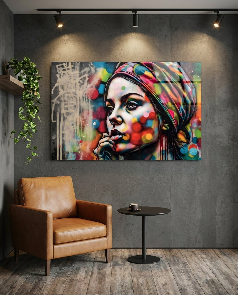 Woman in a polka dot turban glass wall art on a concrete wall above a cognac leather armchair