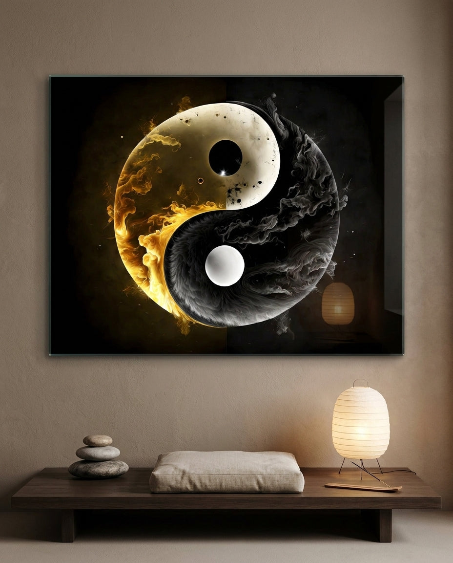 Gold and smoke yin yang glass wall art above a low wooden bench with stacked stones and a paper lamp