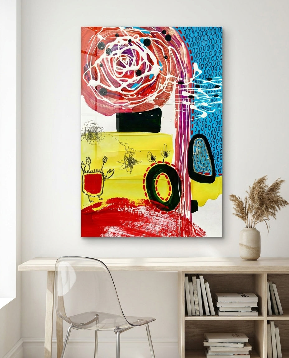 Red rose swirl abstract glass wall art above a white desk with open shelves and a clear chair