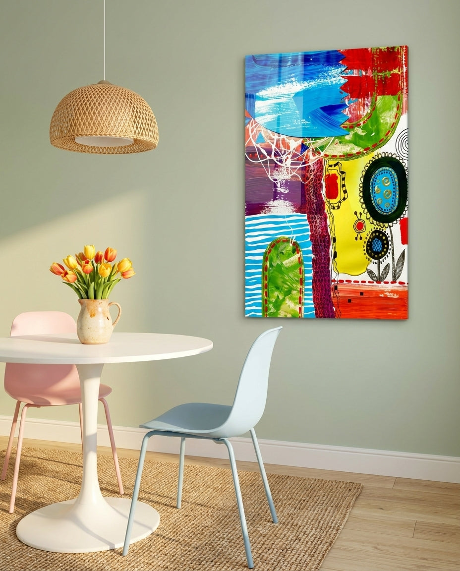 Folk doodle flowers abstract glass wall art on a sage green wall beside a round white table, tulips and a rattan pendant