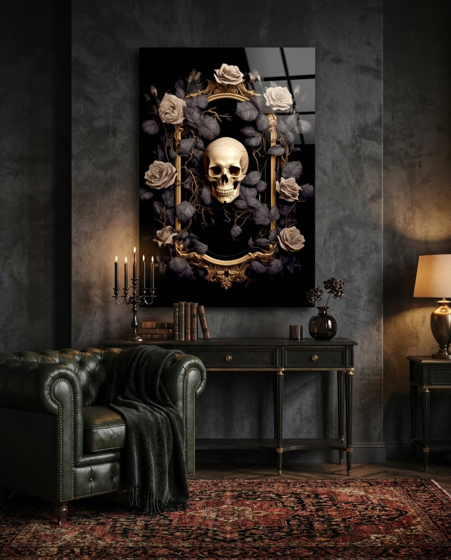 Gothic skull in gilded mirror glass wall art above a dark console with candles and a green leather sofa on a red rug