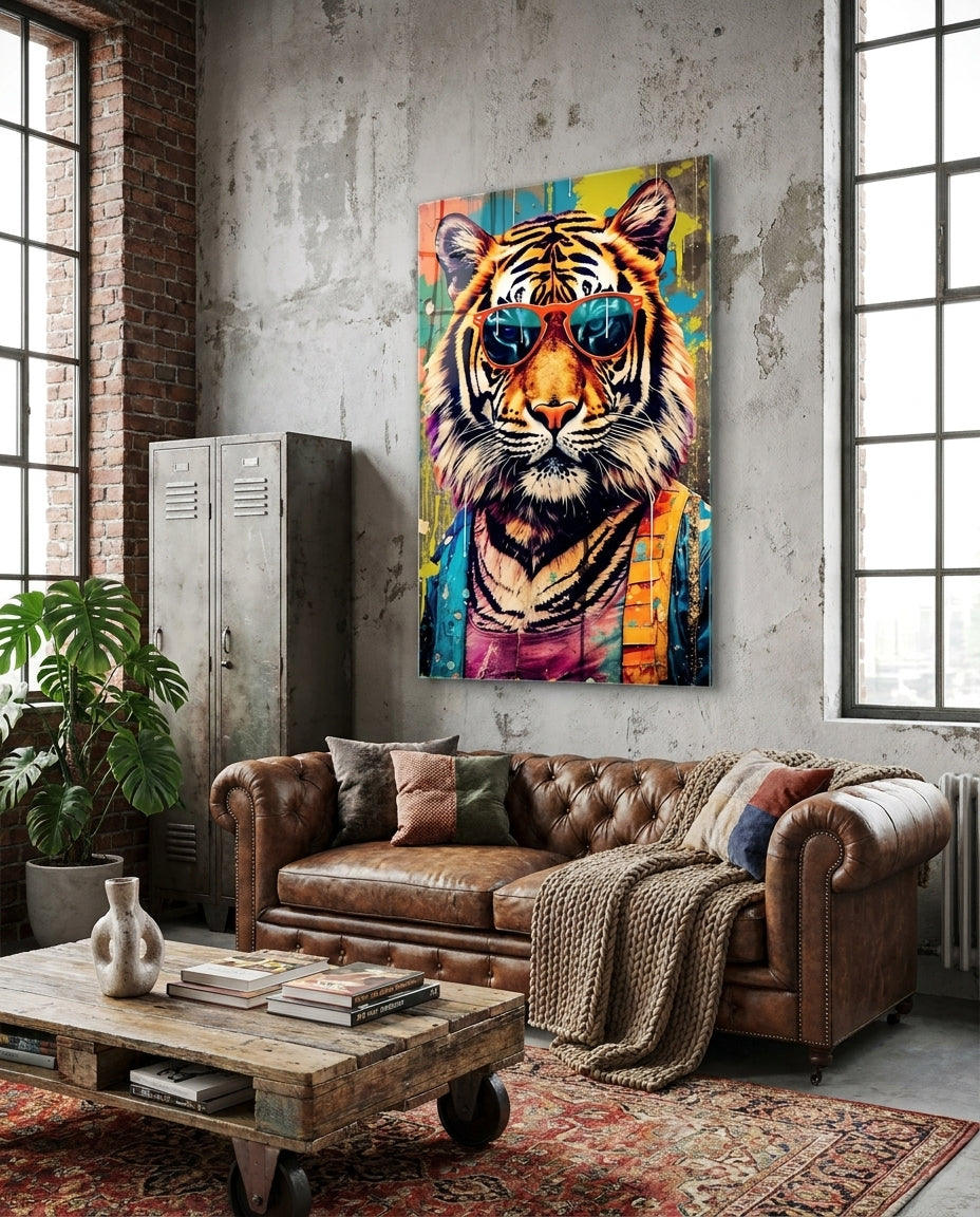 Pop art tiger glass wall art in a brick loft above a brown leather sofa and wooden coffee table
