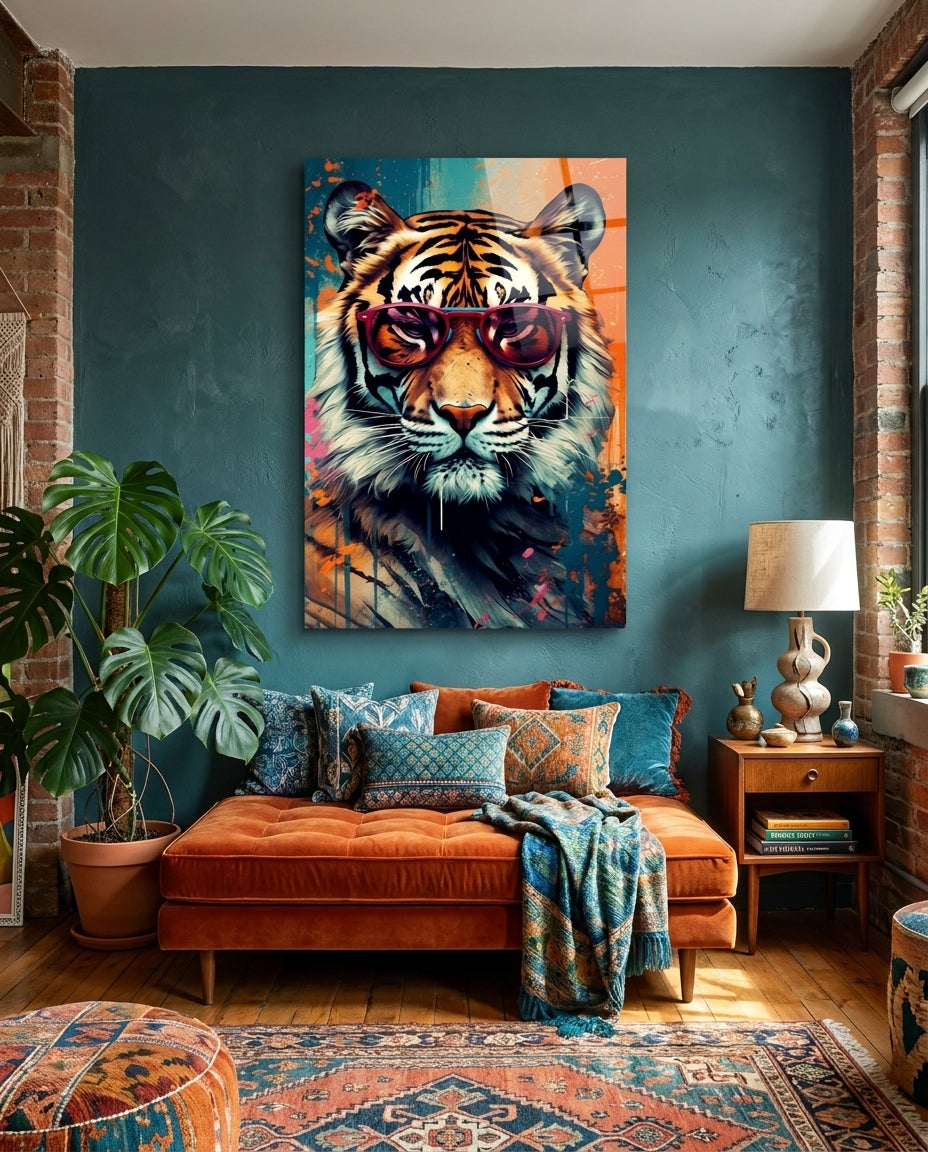 Tiger in red sunglasses glass wall art on a teal wall above an orange daybed in a brick-walled boho room