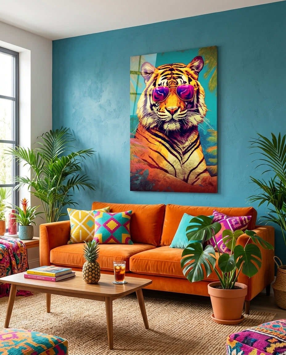 Pink sunglasses tiger glass wall art above an orange velvet sofa on a teal wall with tropical plants