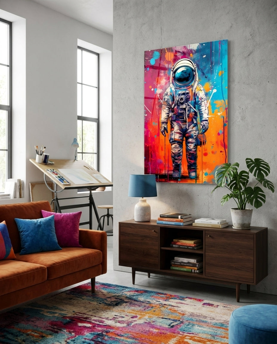 Paint drip astronaut glass wall art in a bright room above a wooden sideboard beside a rust sofa and colorful rug