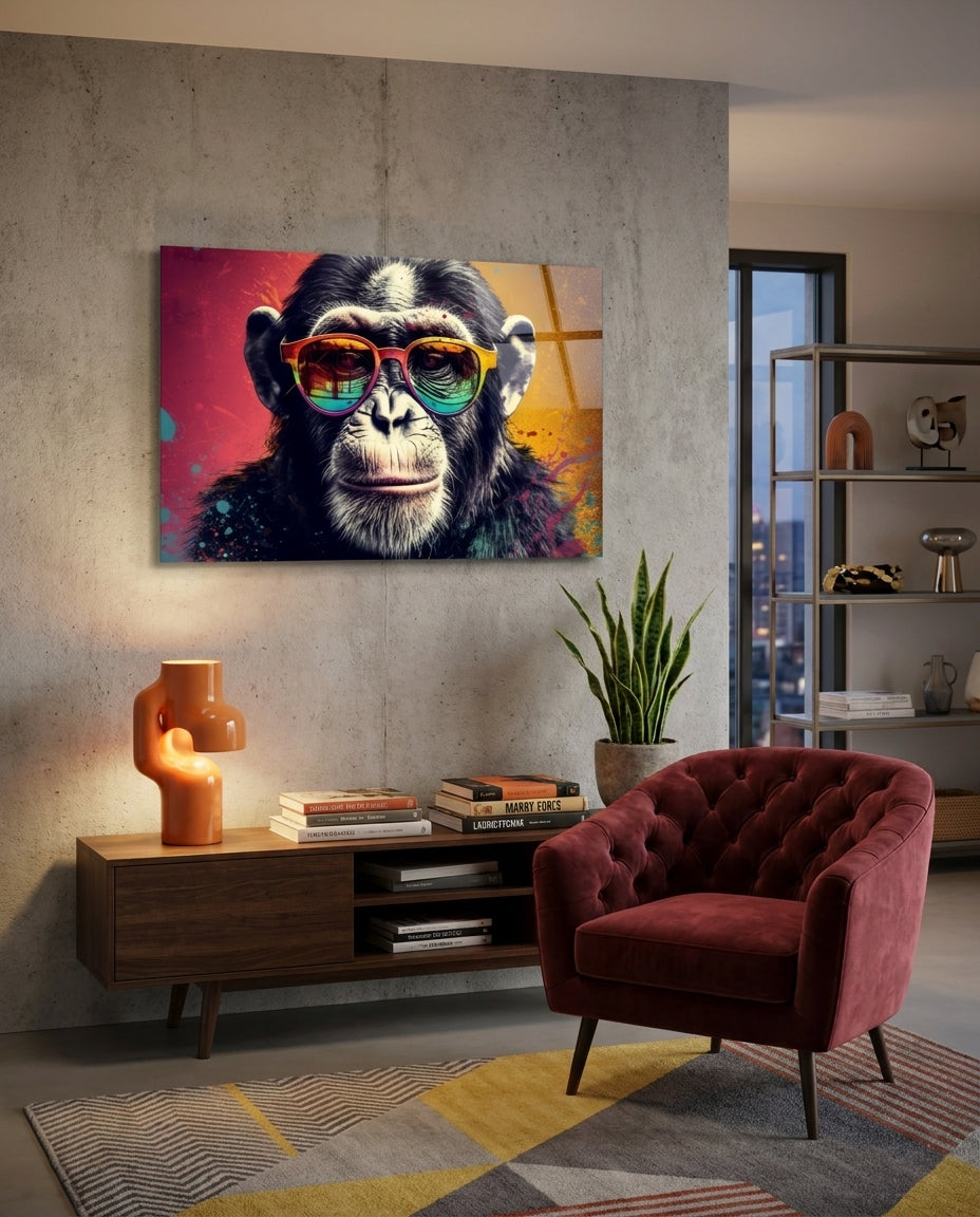 Chimp in Rainbow Sunglasses Pop Art glass wall art above a wooden console with an orange lamp beside a red tufted armchair