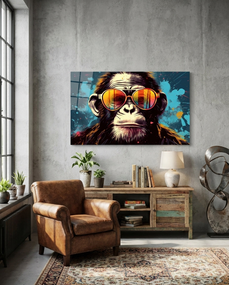 Chimpanzee in rainbow sunglasses glass wall art on a concrete wall above a wood sideboard and brown leather armchair