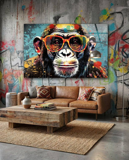 Pop art chimp in orange sunglasses glass wall art on a paint-splashed concrete wall above a tan leather sofa and jute rug