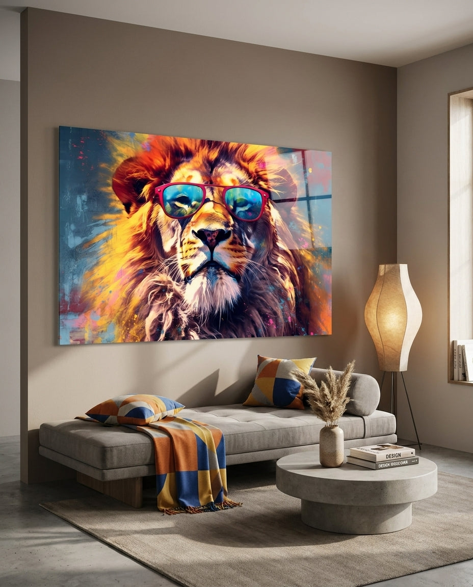 Lion in red sunglasses glass wall art above a gray sofa with throws and a round coffee table