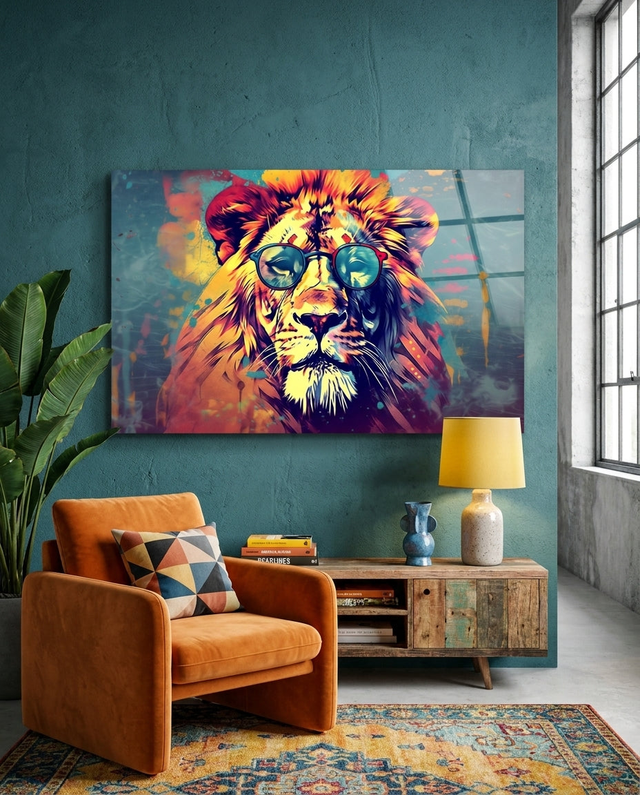 Lion in round sunglasses glass wall art on a teal wall above an orange armchair and wooden sideboard with a yellow lamp