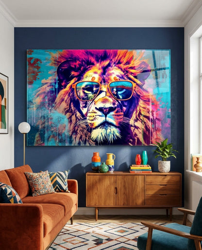 Pop art lion glass wall art on a navy wall above a walnut sideboard beside an orange sofa