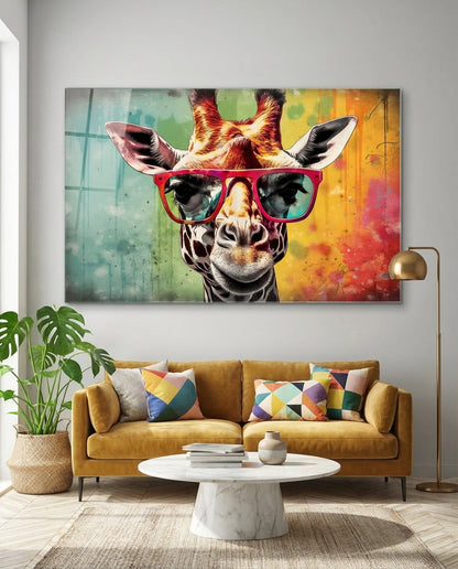 Giraffe in red sunglasses glass wall art above a mustard sofa and round white coffee table