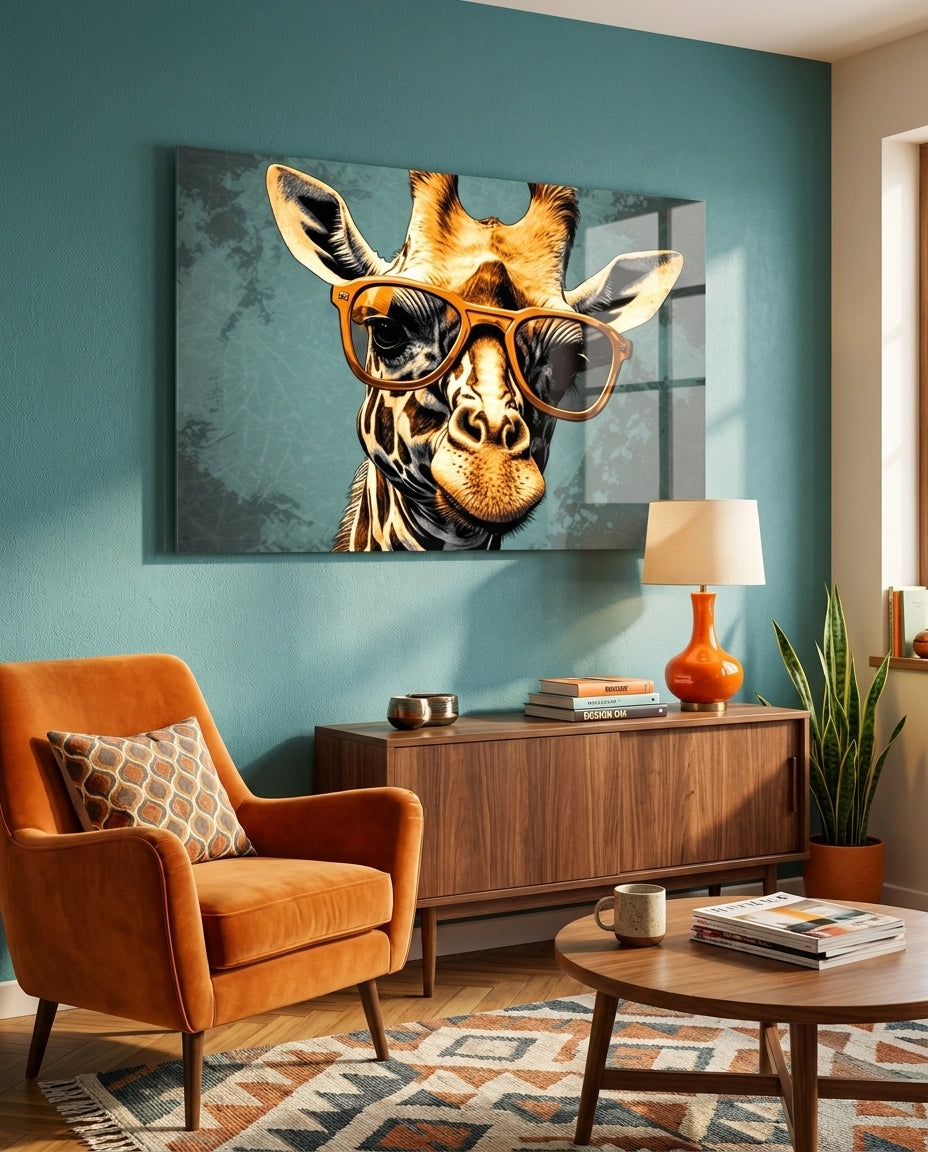 Giraffe in sunglasses glass wall art on a teal wall above a walnut sideboard beside an orange armchair