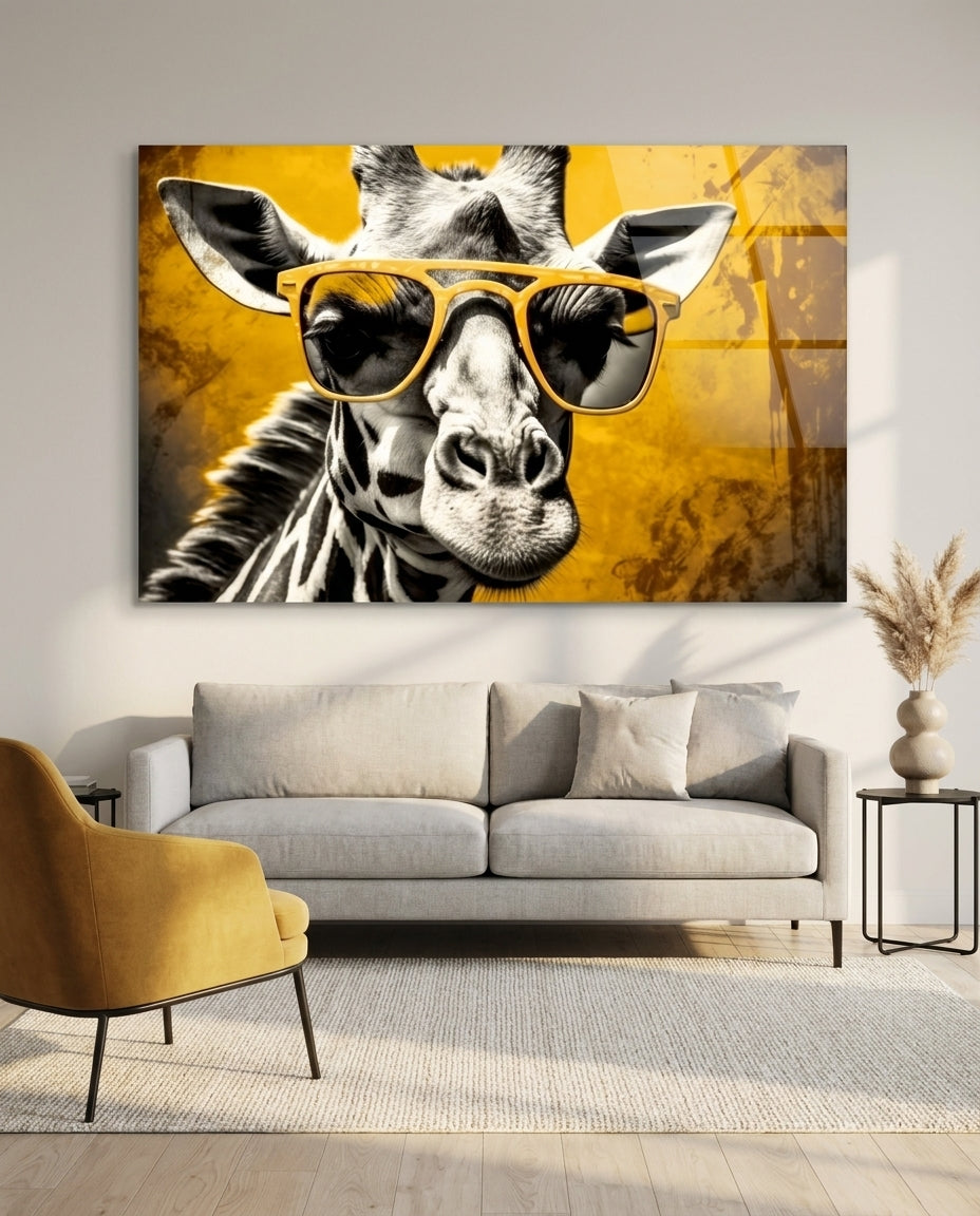 Giraffe in yellow sunglasses glass wall art above a light gray sofa beside a mustard armchair
