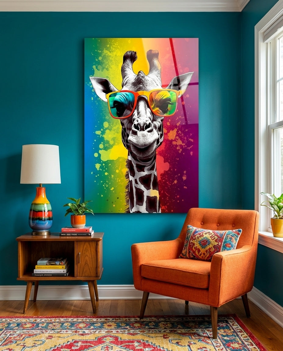 Giraffe in rainbow sunglasses glass wall art on a teal wall above an orange armchair and wooden side table