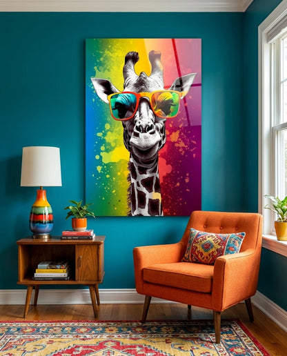 Giraffe in rainbow sunglasses glass wall art on a teal wall above an orange armchair and wooden side table