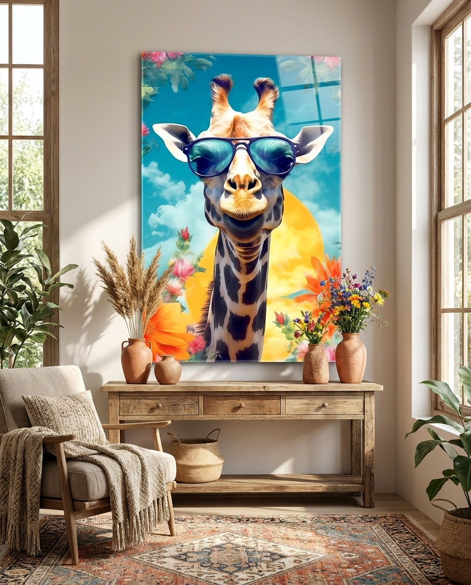 Giraffe in sunglasses glass wall art above a wooden console with vases of dried flowers beside an armchair and patterned rug
