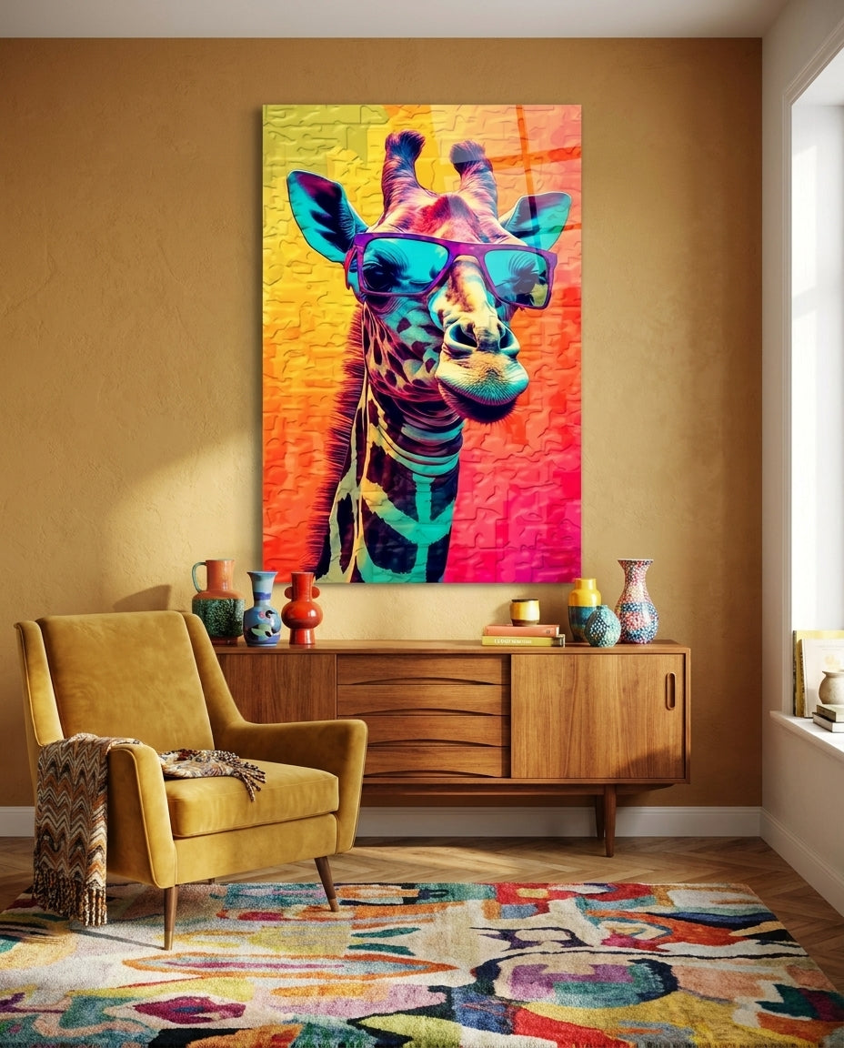 Pop art giraffe in purple sunglasses glass wall art on an ochre wall above a wooden sideboard and mustard armchair