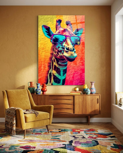 Pop art giraffe in purple sunglasses glass wall art on an ochre wall above a wooden sideboard and mustard armchair