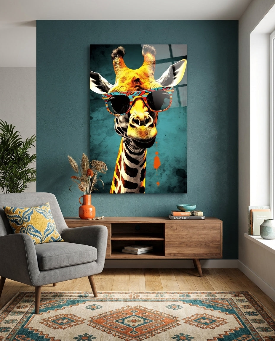 Giraffe in patterned sunglasses glass wall art on a teal wall above a wooden sideboard and gray armchair