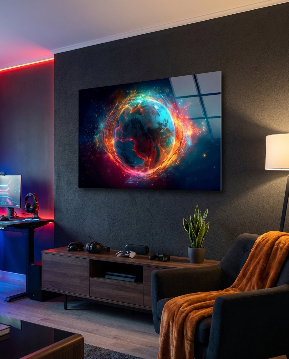 Blue Earth in a ring of fire glass wall art in a dark room with red accent light above a wooden console and navy armchair