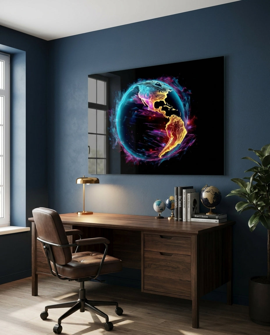 Neon Glowing Earth Globe on Black glass wall art in a blue-walled home office above a wooden desk and leather chair