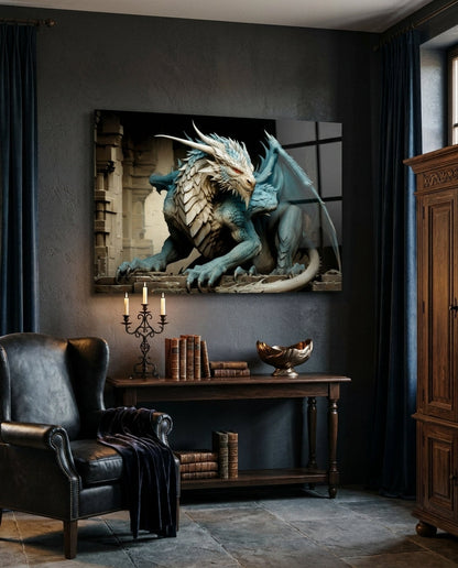 Ice blue dragon glass wall art above a dark console with candlesticks beside a black leather armchair
