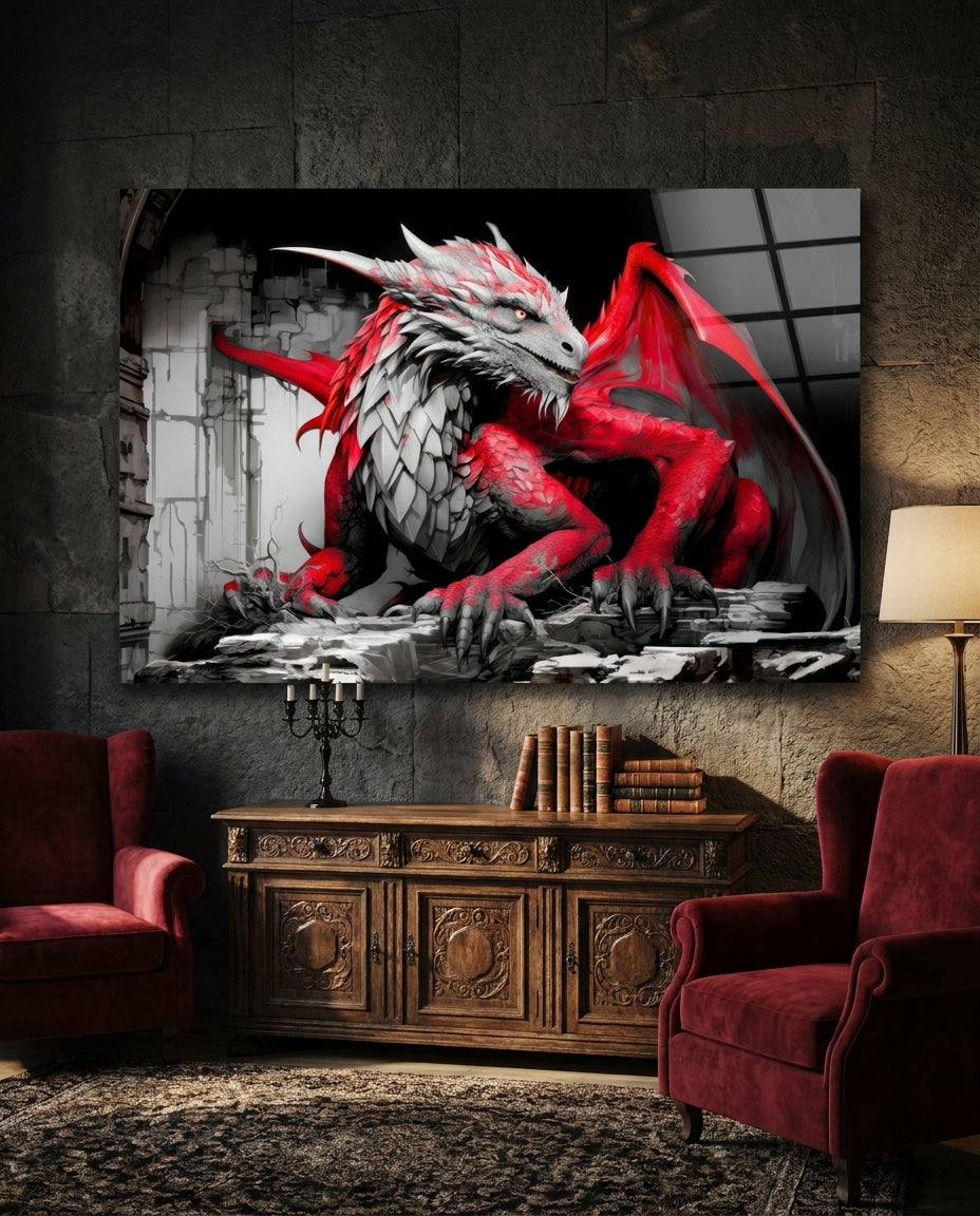 Red winged dragon glass wall art above a carved wooden sideboard between two red velvet armchairs